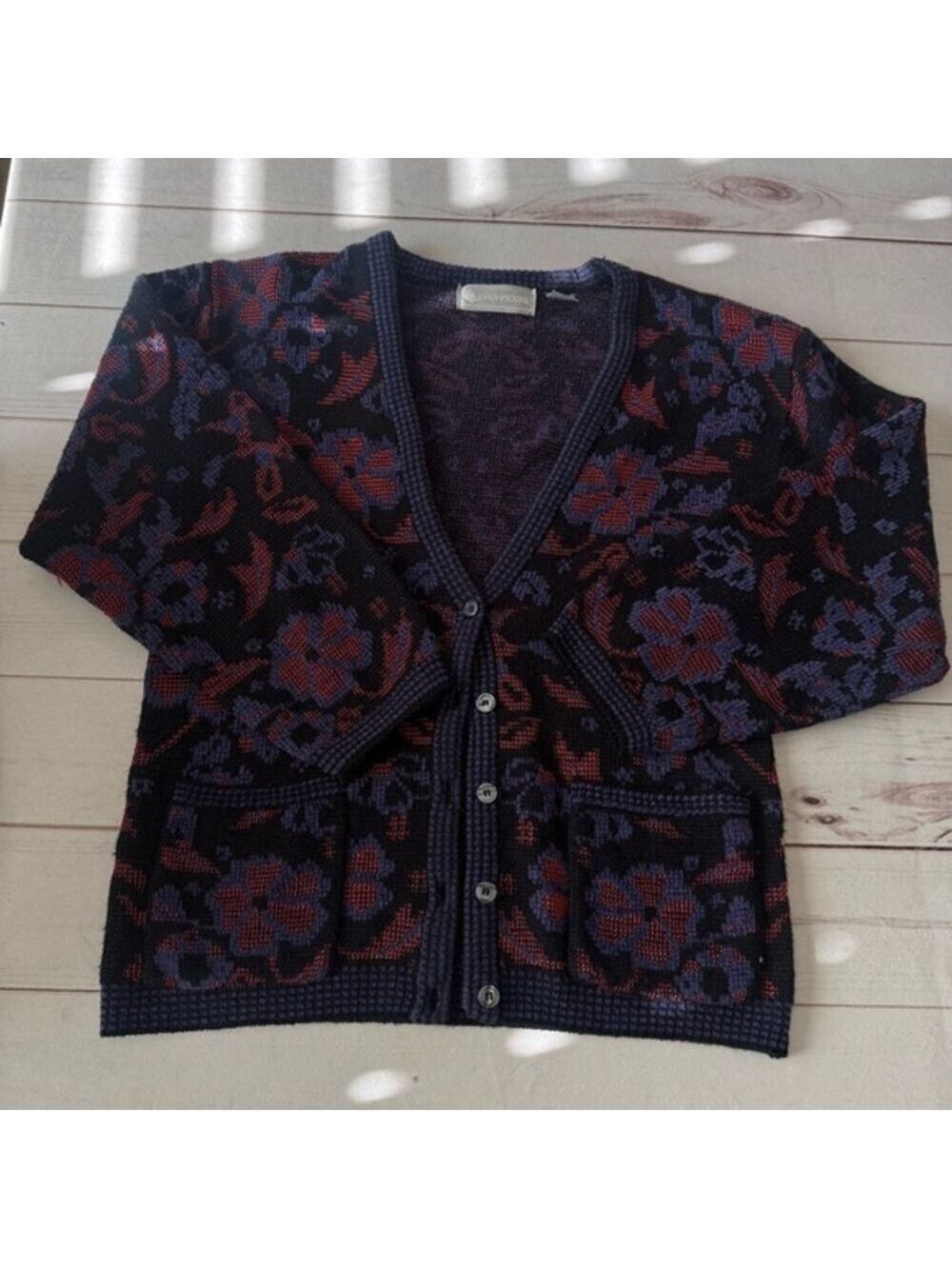 EVAN PICONE VintageWomen’s Floral Knit Cardigan Wool Blend L Cottage Core Retro